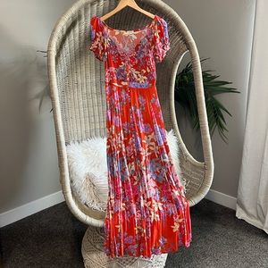 Spell size medium poppy red with lavender and blue for floral print maxi dress.